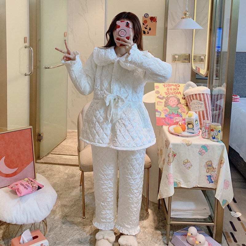 Winter Korean women's cotton pajamas three-layer quilted thick coral gold diamond velvet princess cute outer wear home clothes