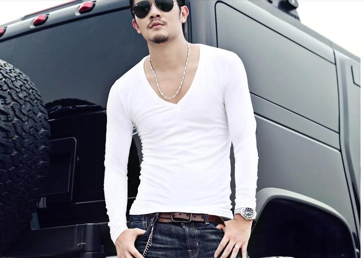 Mùa thu và mùa đông thời trang nam Slim gợi cảm sâu cổ chữ V cổ thấp chạm đáy áo sơ mi Cổ chữ V cá tính dài tay áo thun nam mùa thu quần áo thủy triều áo cotton