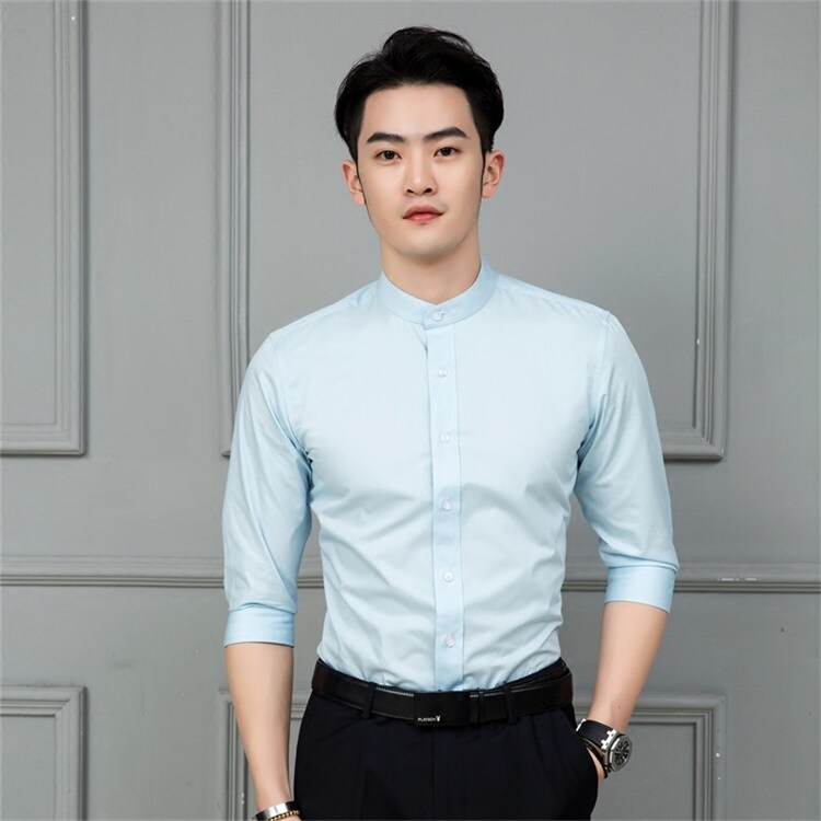 Youth Business Fashion 3/4 Sleeve Stand Collar Shirt Men Korean Trend Round Neck 3/4 Sleeve All-match Slim Shirt