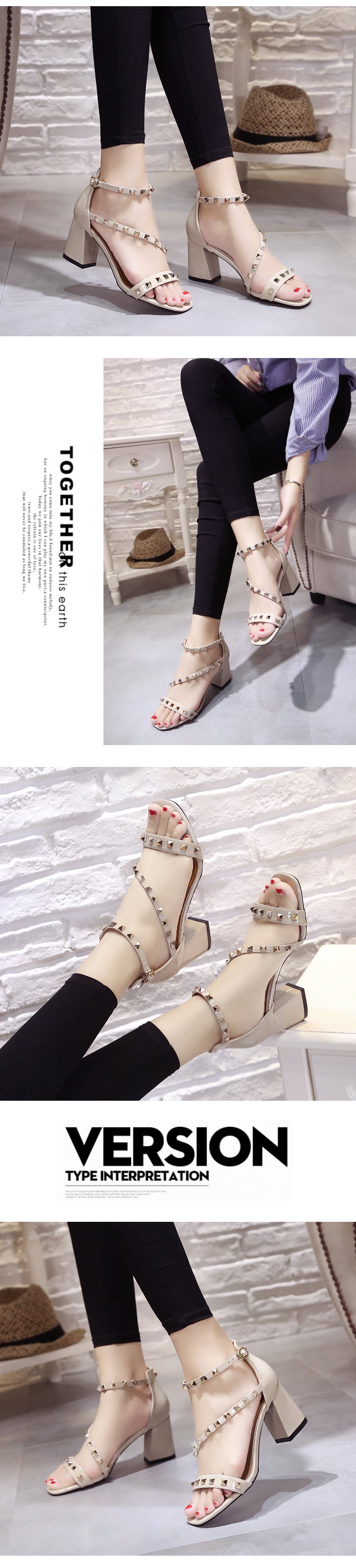 Mùa hè 2018 mới thời trang Hàn Quốc đinh tán hở ngón sandal khóa từ hoang dã dày với đôi giày cao gót nhỏ tươi mới dép đế xuồng