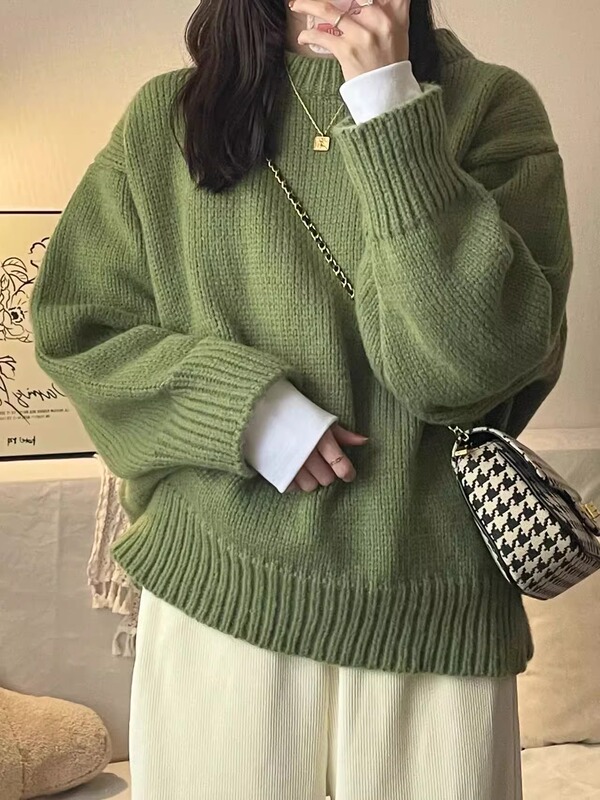 2023 New Green Pullover Sweater for Women, Autumn and Winter Thick Retro Japanese Style Lazy Style Inner Layer Knit Top