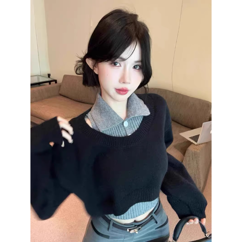 College Style Polo Collar Sweater for Women, New Autumn Short Knitted Two-Piece Set, Lazy Lapel Top for Petite Figures