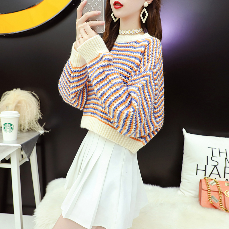 Very fairy's day department short sleeve headcoat female loose outside wearing small sub-early fall high waist striped knit blouse