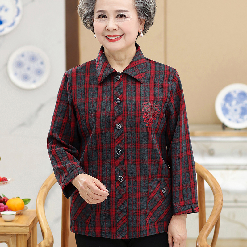 Elderly Women's Autumn Clothing Pure Cotton Plaid Shirt Large Size Long-Sleeved Shirt for Elderly Women Autumn Grandma Lapel Top Elderly Women's Autumn Clothing Pure Cotton Plaid Shirt Large Size Long-Sleeved Shirt for Elderly Women Autumn Grandma Lapel Top
