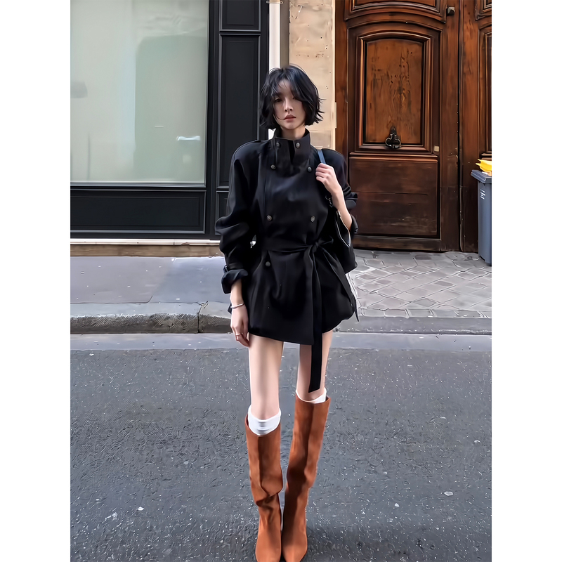 Waist-Cinching, High-End Trench Coat for Women, Black, 2026 Autumn New Style, Petite, Very Flattering, Versatile, Slimming