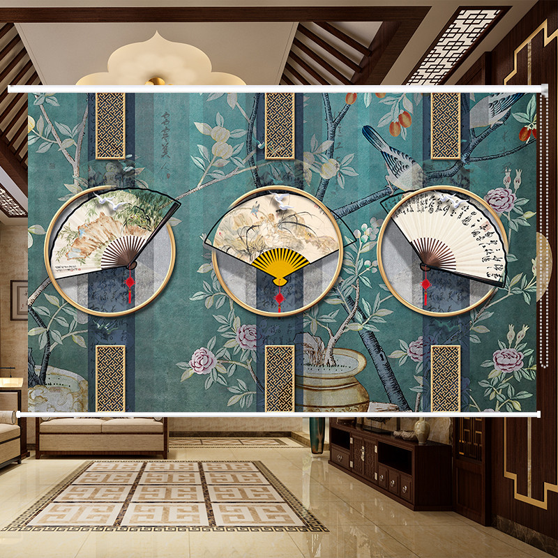 Retro New Chinese Lifting Shade Handle Curtain Background Wall Shade Office Studio Living Room Window Curtain