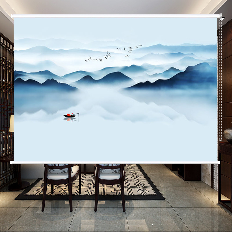 Artistic conception landscape painting living room office roller shutter shading study bedroom bedroom thermal insulation hand pull lift partition background curtain