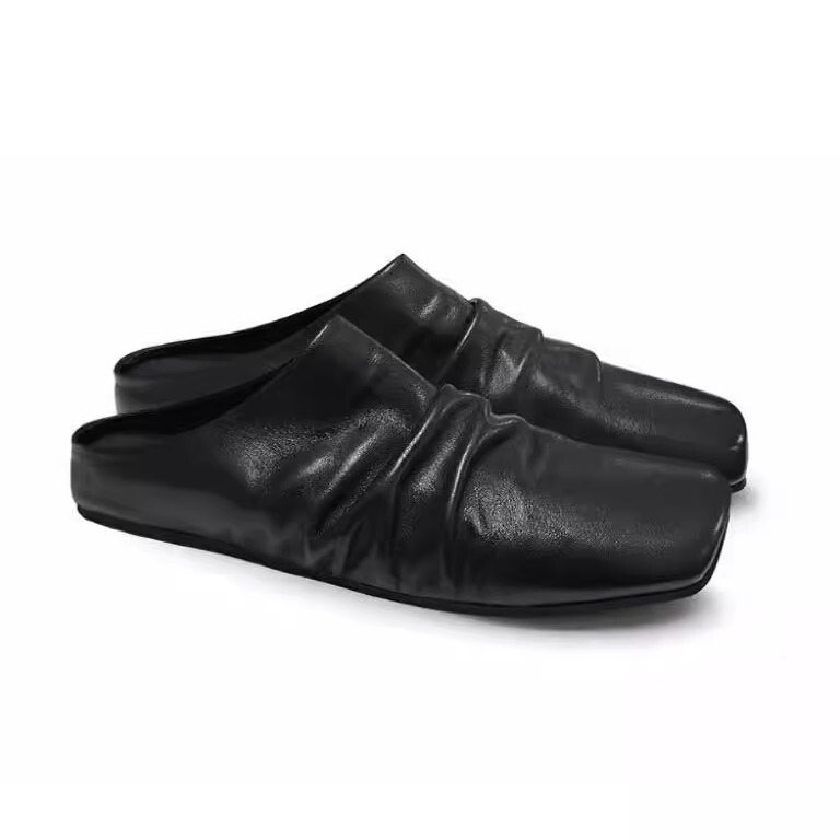 Dbfit Brand New Cowhide Pleated Leather Slippers, Minimalist Square-Toe Mules, Dark Avant-Garde Commuter Slip-On Couple Shoes