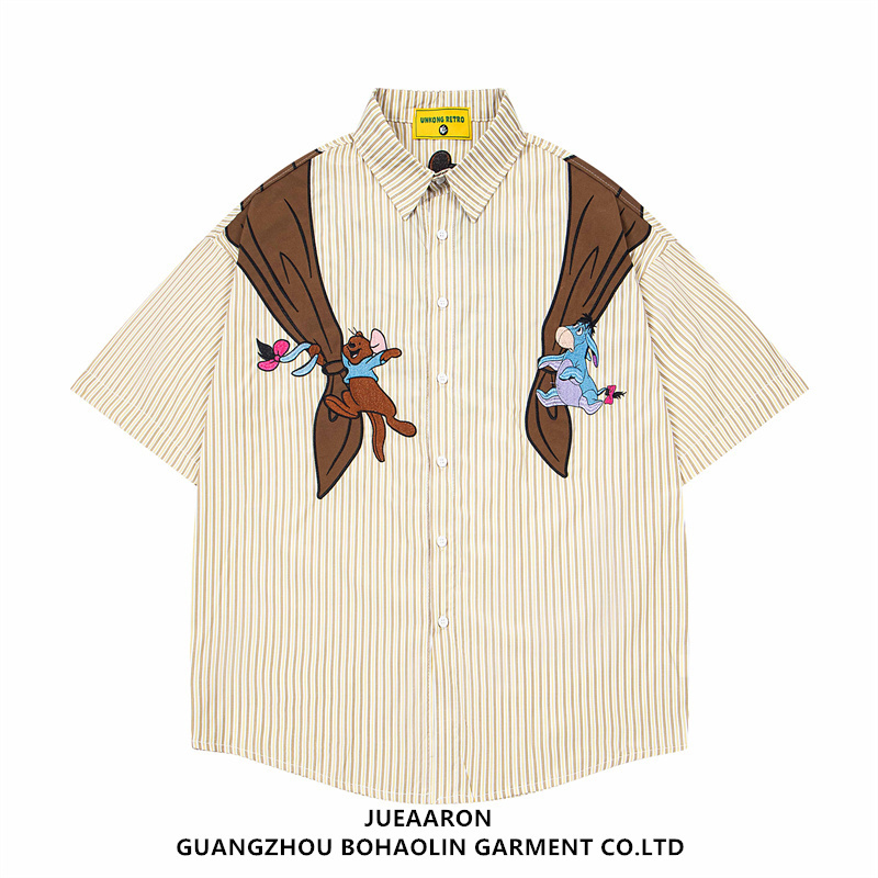 Jueaaron Summer Japanese Retro Playful Bear Embroidered Striped Short-Sleeve Shirt Unisex Loose Striped Shirt Jueaaron Summer Japanese Retro Playful Bear Embroidered Striped Short-Sleeve Shirt Unisex Loose Striped Shirt