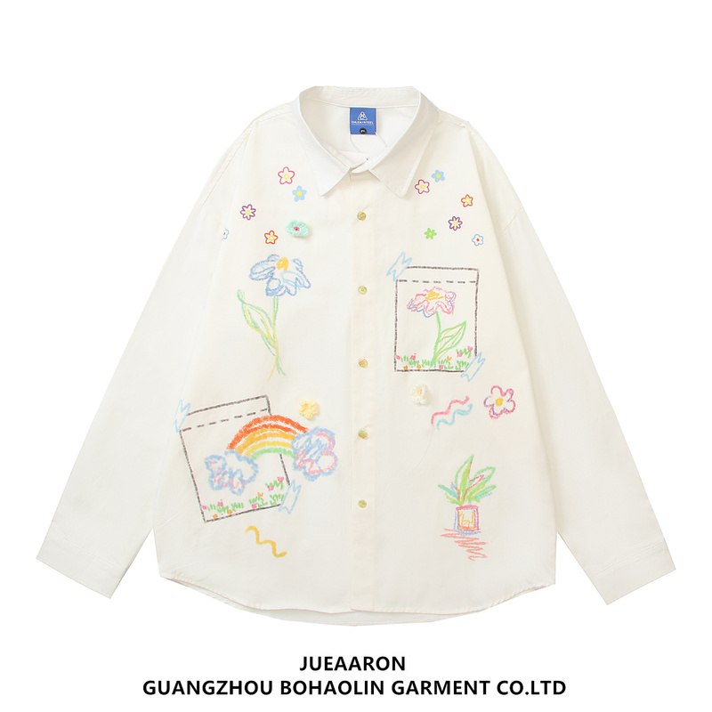 Jueaaron Autum American Graffiti Rainbow Lapel Long-Sleeved Shirt Men's Loose Vintage Lazy Style Couple Shirt
