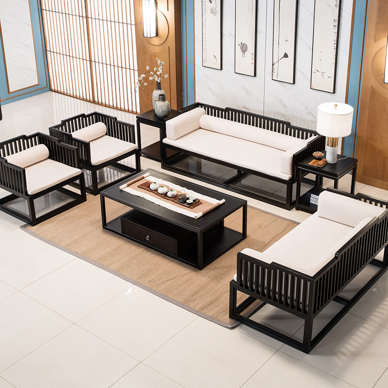 New Chinese style sofa combined modern Chinese meditation solid wood cloth art sofa China wind living room furniture custom