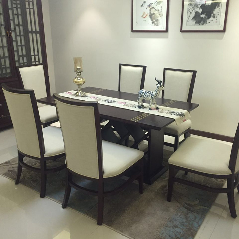 New Chinese solid wood table style board room modern Chinese style 6 people rectangular dining table and chairs dining room combined whole dress custom