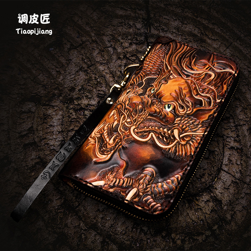 Trendy Men's Genuine Leather Wallet with Long Zipper, Personalized Clutch for Young People, Casual Leather Carving Bag, Handmade Trendy Men's Genuine Leather Wallet with Long Zipper, Personalized Clutch for Young People, Casual Leather Carving Bag, Handmade