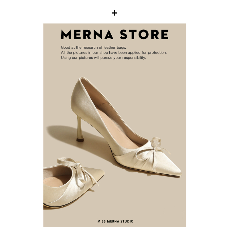 Sheepskin Version! French Gentle Style Apricot Satin Bow High Heels, Feminine Pointed Toe Stiletto Shallow Single Shoes