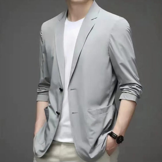 胖子薄款西服男士大码夏季休闲单西装冰丝弹力防晒外套加肥200斤