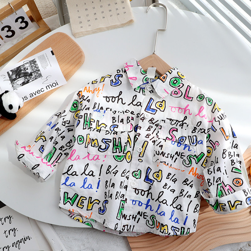 Western style baby printed letter shirt spring thin section boys and girls cotton shirt children's spring tide