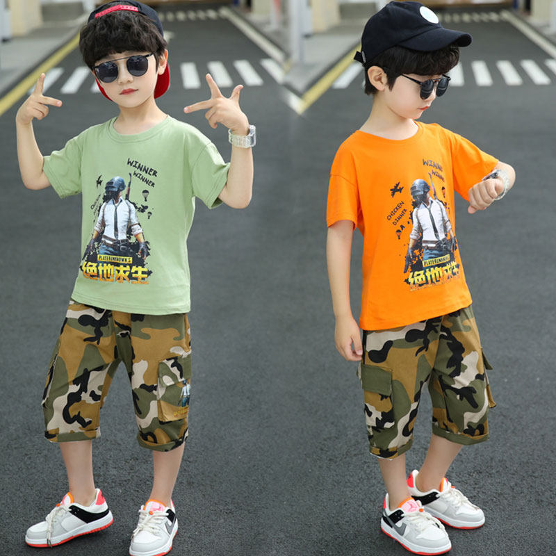 Boys' summer suits 2022 new children's cool and handsome eating chicken short-sleeved two-piece suits for big children in summer handsome and fashionable