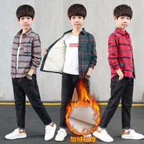 Boy plus velvet padded plaid shirt medium big Children winter warm clothes 2021 new children autumn winter shirt coat