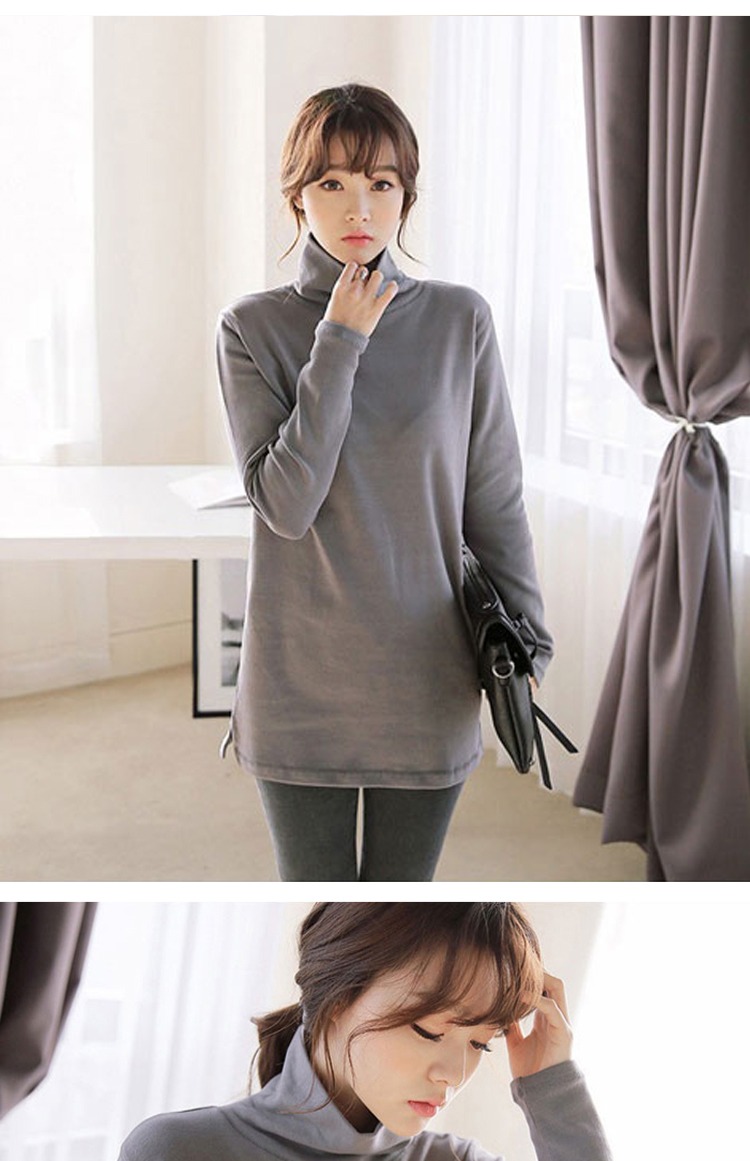 Chất liệu cotton dày màu cổ cao chạm đáy áo mùa thu đông dài phần áo thun nữ dài tay rộng mỏng mỏng kích thước hoang dã áo thun tay lỡ