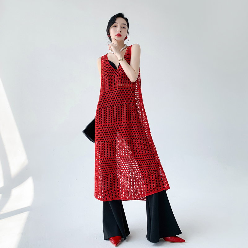 Aksaya Stylish Fishnet Hollow-Out Cover Skirt Mesh Tank Dress Mid-Length Loose Dress for Women Summer