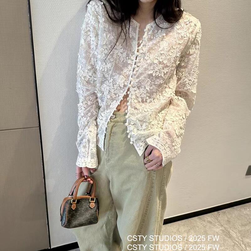 Heavy Lace Embroidery Sequin Long-Sleeve Shirt for Women, New Spring French Elegant Loose Round-Neck Niche Shirt Trend