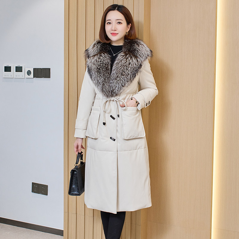 Haining Sheep Leather down jacket Feminists 2023 new white temperament fox fur collar leather grass goose down jacket-Taobao