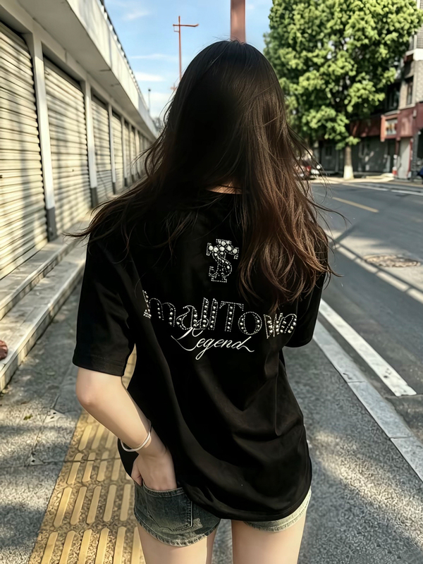 American Retro Style Pearl Letter Embroidery Short-Sleeve T-Shirt for Women, New Summer Design with a Loose Fit, Niche Couple's Top American Retro Style Pearl Letter Embroidery Short-Sleeve T-Shirt for Women, New Summer Design with a Loose Fit, Niche Couple's Top