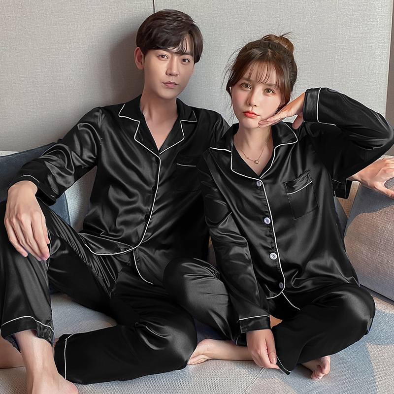 High-End White Plaid Couple Pajamas for Women, Spring and Autumn Ice Silk Thin Style, 2023 New Silk Men's Loungewear High-End White Plaid Couple Pajamas for Women, Spring and Autumn Ice Silk Thin Style, 2023 New Silk Men's Loungewear