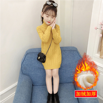 Girls  autumn childrens mid-length plus velvet turtleneck sweater 2021 spring and autumn new mid-size childrens thick foreign style bottoming shirt