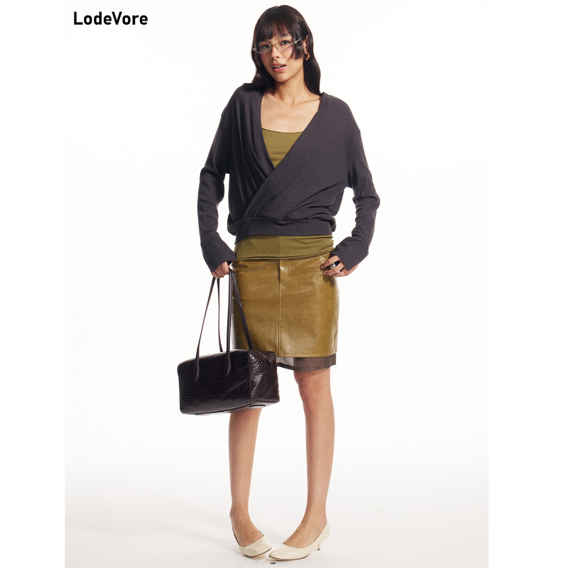 Lodevore Dark Gray V-Neck Wrap-Style Cross Design Elegant Simple Long-Sleeved Blouse T-Shirt Top for Women in Autumn