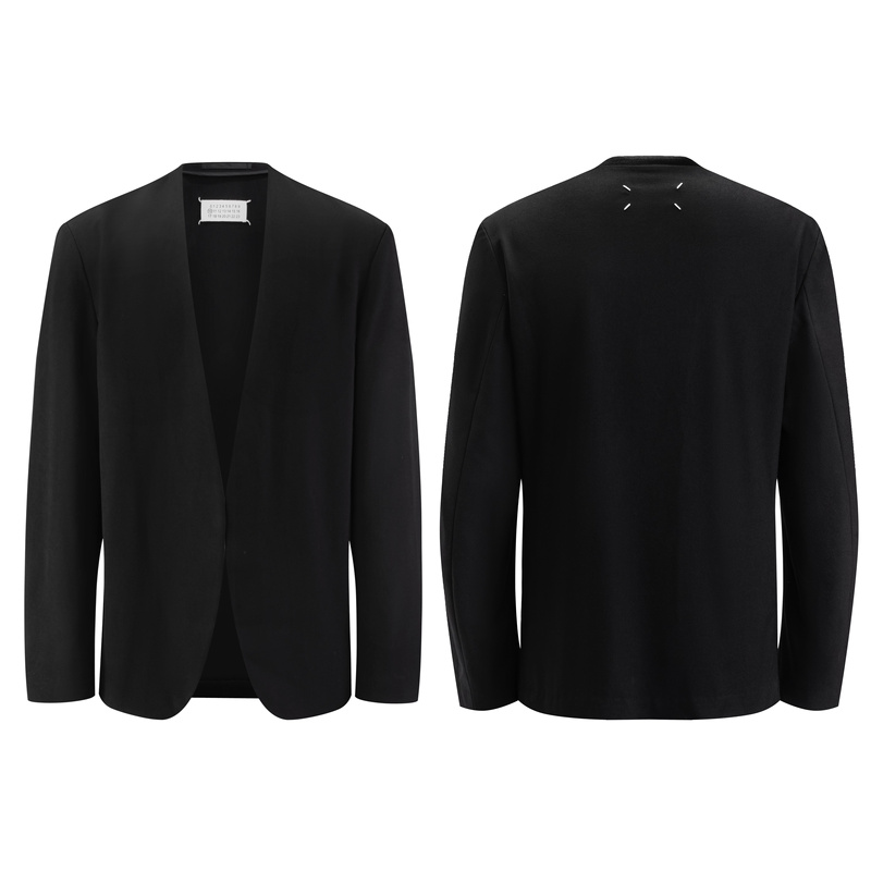 Maji's Style Collarless Wool Black Suit for Men and Women, Four-Corner Stitching, Simple Design, Casual Suit Jacket