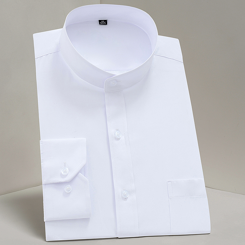 Chinese-Style Stand-Up Collar Shirt for Men, Long-Sleeved, White, Business Formal Wear, Plus Size, Chinese Style Zhongshan Suit, Men's Round-Neck Shirt