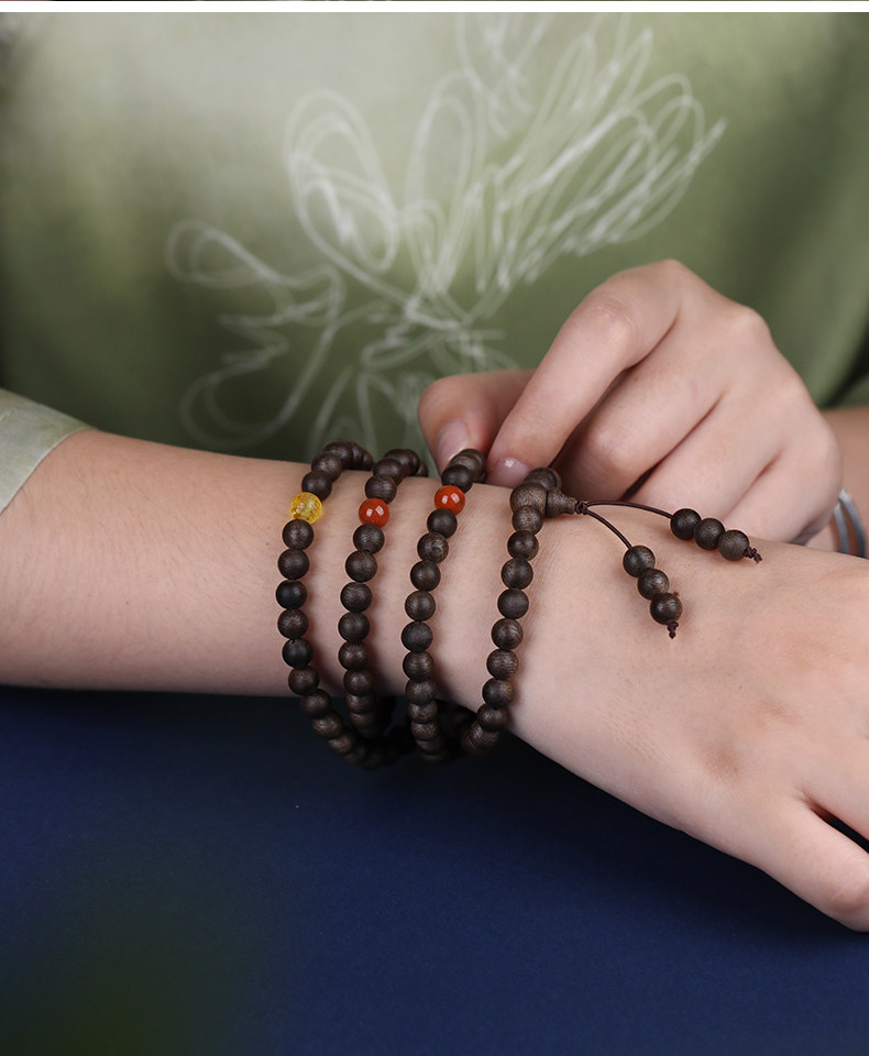 листья аквиларии 天然文莱沉香手串男老料九分沉满结油沉香木佛珠手链女108颗念珠