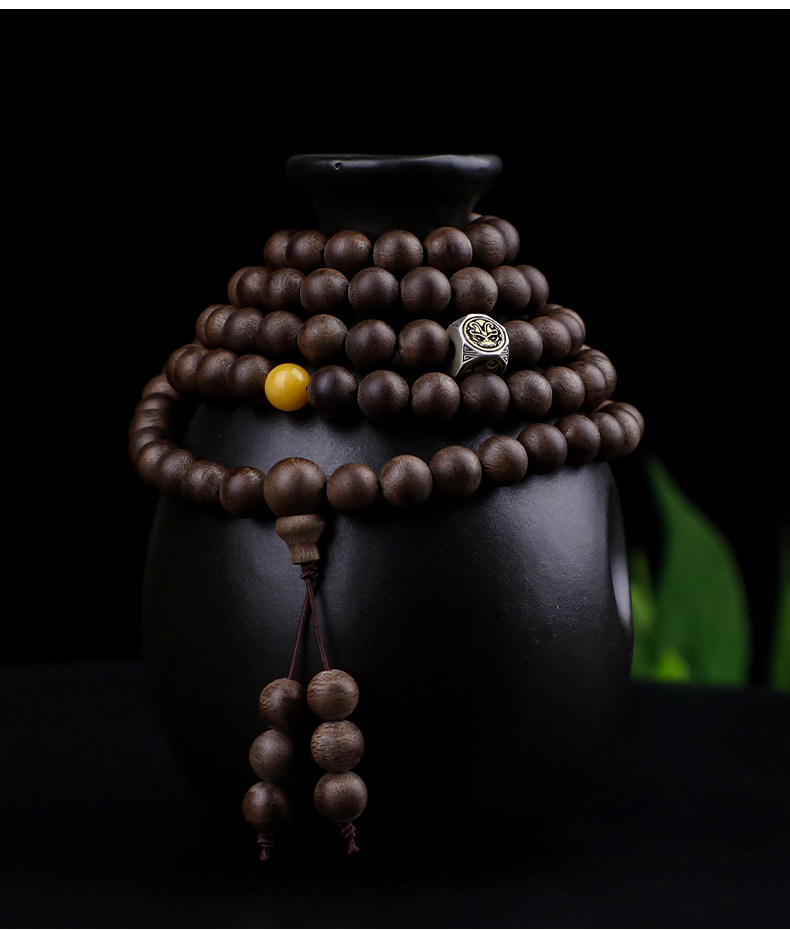 листья аквиларии 天然文莱沉香手串男老料九分沉满结油沉香木佛珠手链女108颗念珠