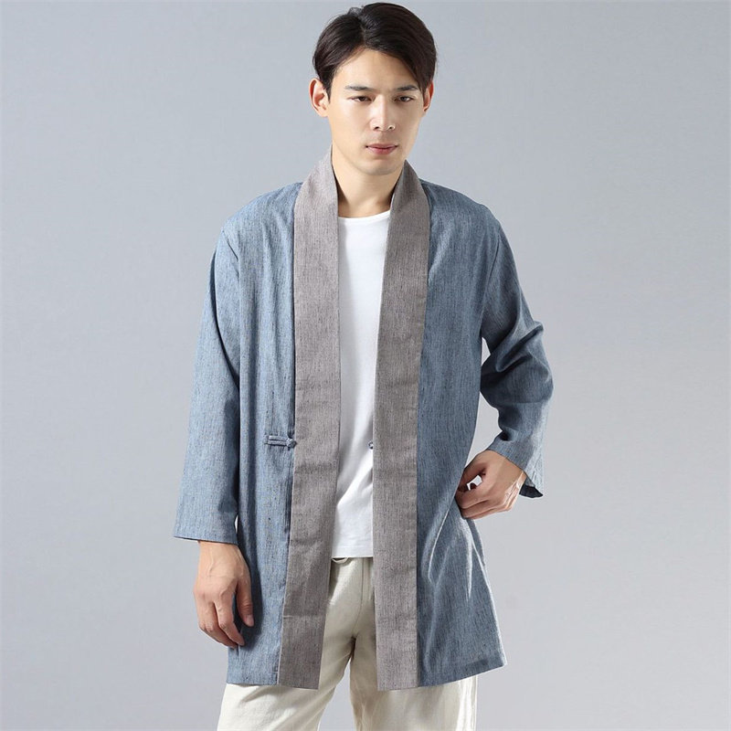 Spring and autumn cotton and linen men's improved Hanfu Chinese style retro cardigan color-blocking top coat Zen meditation tea clothes Chinese style - Taobao