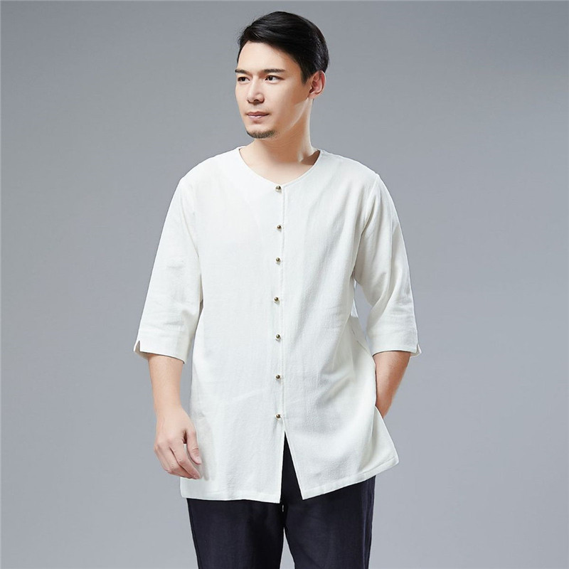 2022 mid-sleeve spring and summer collarless thin loose shirt three-quarter sleeve Chinese style men's round neck cotton linen casual top