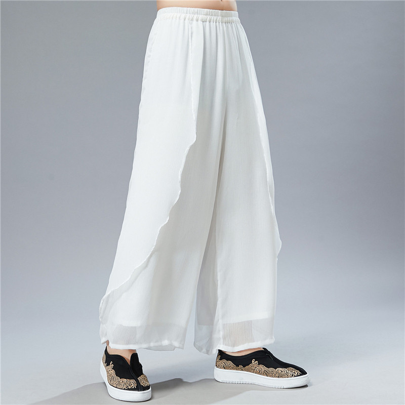Chinese Wind Men's pants Summer slim Broadlegged Pants Men's Pure color Double covettier Fairy Qi Gufeng Skirt Pants Zen Dance