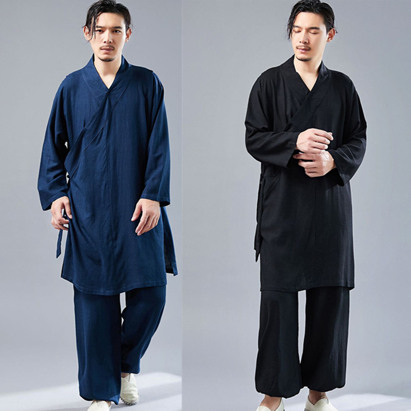 Chinese style Hanfu early autumn cotton and linen loose Tai Chi Buddha monk robe tea clothes Zen Kung Fu shirt top long pants suit