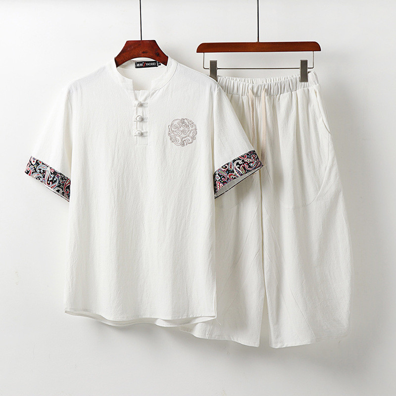 Linen short-sleeved suit men's summer thin plate button T-shirt trendy Chinese style men's cotton and linen retro stand collar two-piece set