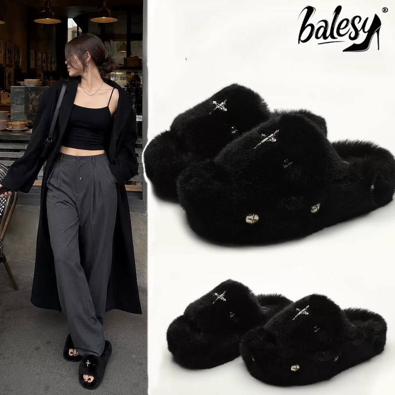 British Thick-Soled Furry Slippers for Women, Suitable for Outdoor Wear, 2026 Autumn and Winter New Style, Black Metallic Plush Home Slippers