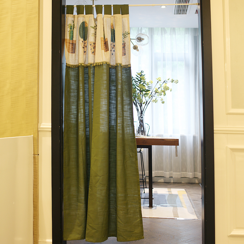 Nordic Cactus Curtain Rod with American-Style Door Curtain, No-Drill Bedroom Blackout Solid Color Single Panel Window Curtain