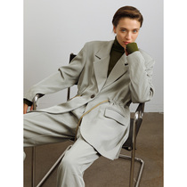 Yiwei evewang triacetic acid water green drawstring suit women 2021 autumn straight casual suit jacket