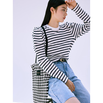 evewang joy Park Soo-wing with bubble lamb leg sleeve stripe long sleeve round neck T-shirt knitted base