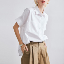 evewang summer solid color short-sleeved shirt womens front short back long wild loose thin double pocket sunscreen shirt