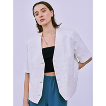 One Wei Dream Jiangshan short sleeve collarless blazer womens V-neck loose profile single-breasted short top