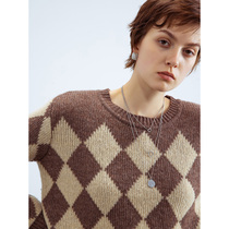 Yiwei evewang Academy Wind Rhomed Round Neck Pullover Wool Sweater Autumn Loose Sweater