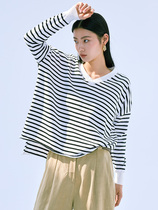 One Wei evewang V collar French College knitwear womens long sleeve loose pullover cotton striped sea soul shirt