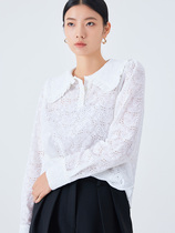One Wei evewang Philippine side doll collar long sleeve linen white shirt bubble sleeve embroidery hollow white shirt Women