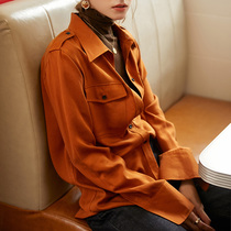 evewang caramel pumpkin color long sleeve epaulette shirt womens all-match base solid color straight body thin casual shirt