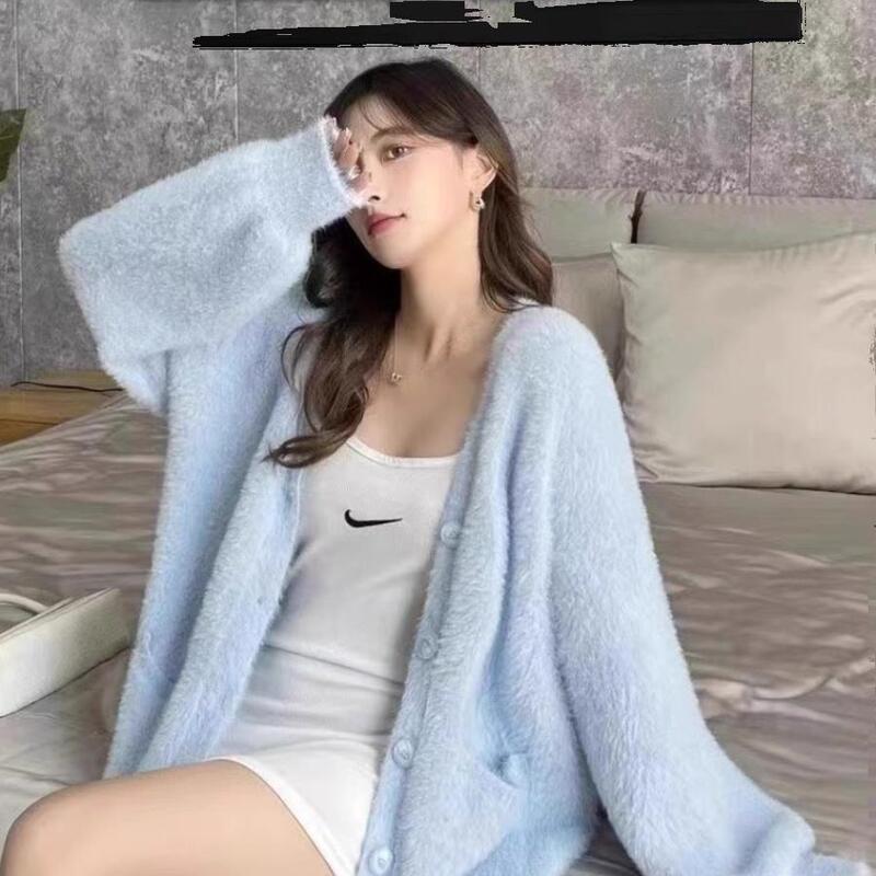 Soft and Luxurious Mink Wool Sweater Coat for Women, Autumn and Winter Lazy Style, High-End Feel, Slimming for Petite Figures, Mohair Knit Cardigan